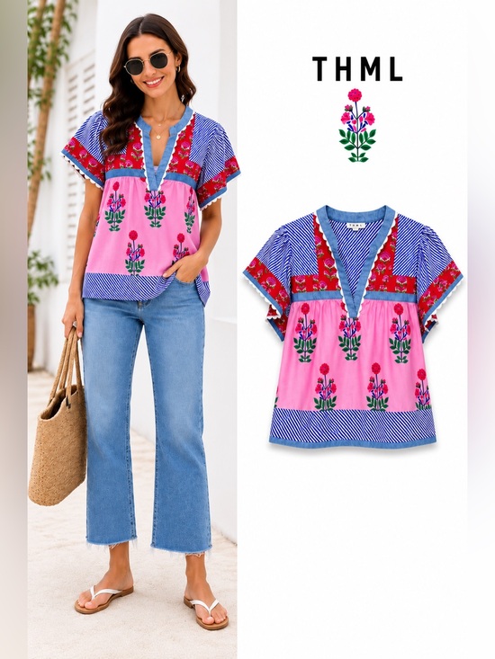 THML Tops - THML Floral Patchwork Ruffle Sleeve Blouse | Size M